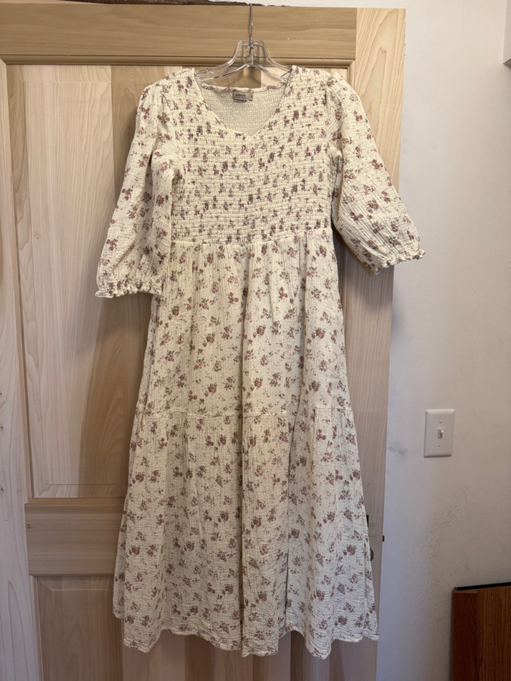 Floral Smocked Midi Dress in Cream and Dusty Rose